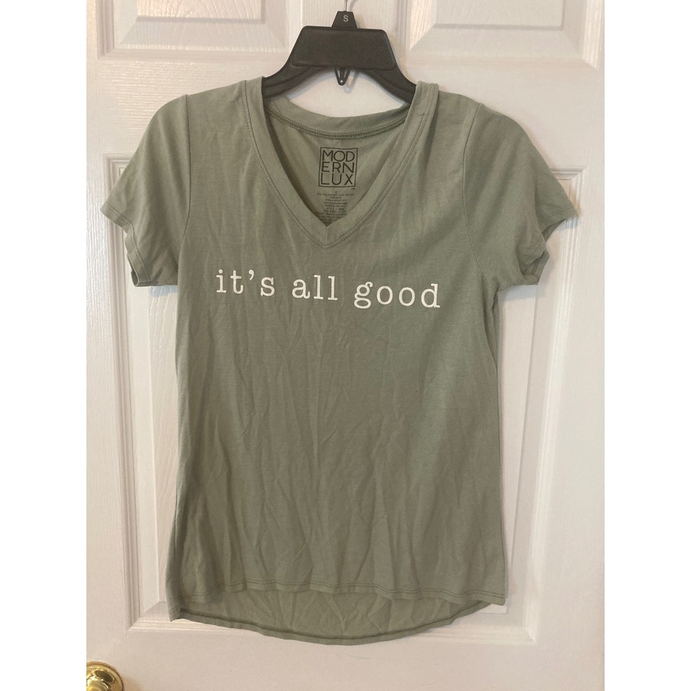 Modern Lux‎ Its All Good Graphic Tee Sage Green V-Neck T-Shirt Small JT16980
